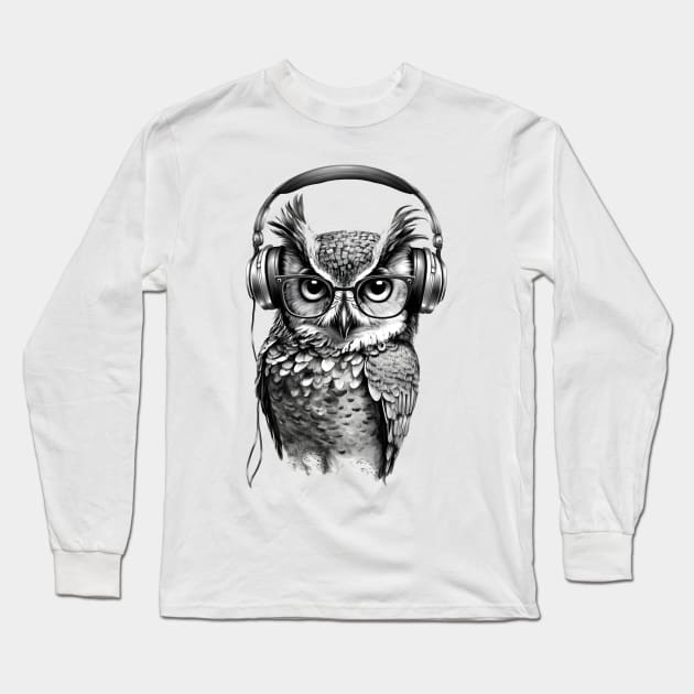 Owl Drawing Listening to Music Long Sleeve T-Shirt by ArtisticCorner